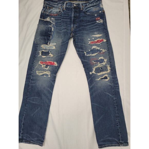 Polo Ralph Lauren Mens Classic Fit Patchwork Bandana Distressed Denim Jeans - Picture 3 of 16